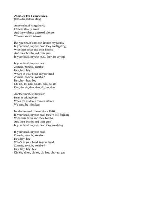 Zombie cranberries lyrics - Aug 13, 2012 · Translation of 'Zombie' by The Cranberries from English to Greek!916 οχι 1960 μιλαει για την αποτυχημενη τοτε εξεγερση του 1916 στο Δουβλινο που ξεκινησε την απελευθερωση και ανεξαρτησια ολων των περιοχων εκτος του Ουλστερ. 